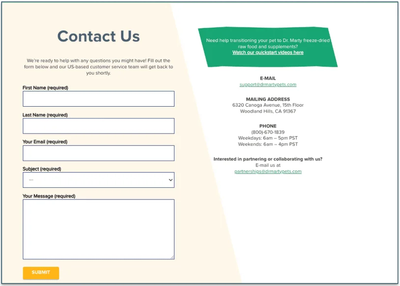 Contact options for Dr Marty Pets customer service