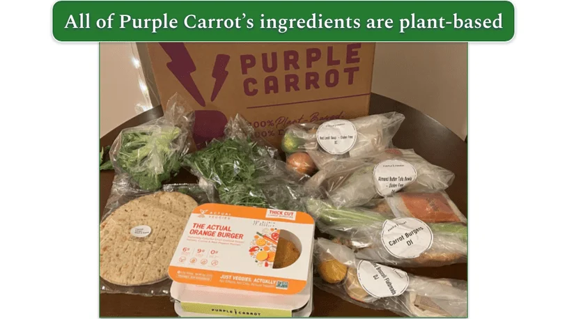 An unboxed Purple Carrot delivery