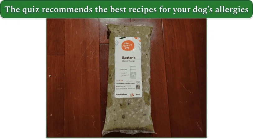 A pack of TFD chicken recipe personalized for our reviewers dog