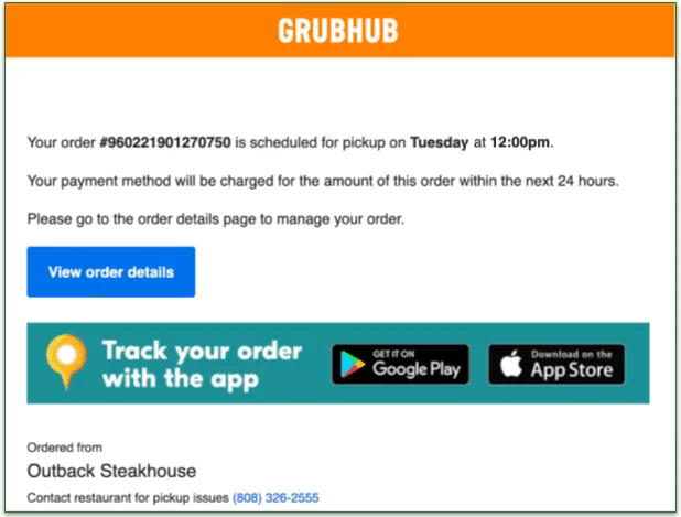 Screenshot of Grubhub order confirmation email