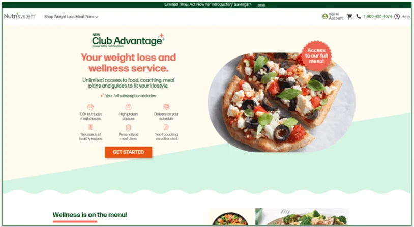 Screenshot of Nutrisystem's Advantage plan describing benefits such as meals, coaching, and personalized plans