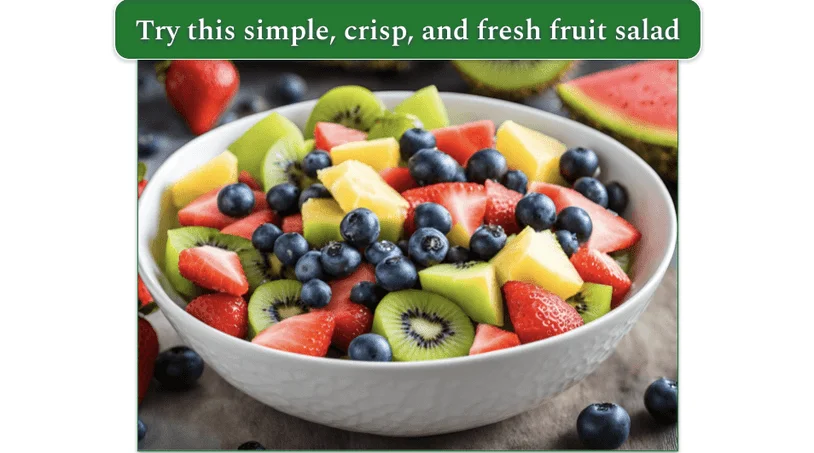 a bowl of fruit salad with kiwi, blueberries, strawberries, and pineapple
