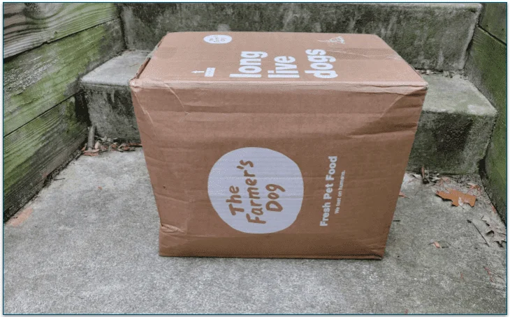 Photo of a The Farmer's Dog delivery box outside next to some steps