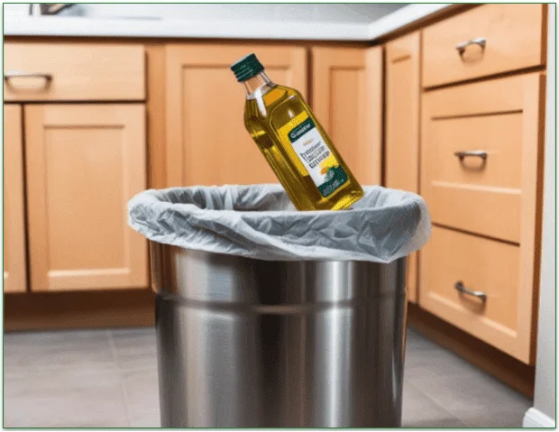 A bottle of oil, falling into a trash can