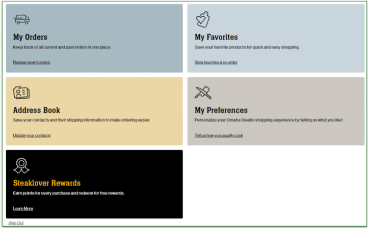 Omaha Steaks Membership Account page