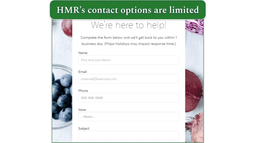 Screenshot of email contact form on HMR