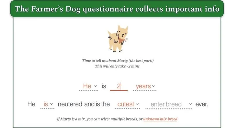 The Farmer's Dog questionnaire for new customers