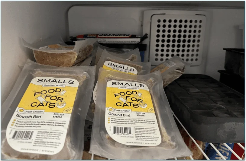 Photo of Smalls food piled on a freezer shelf
