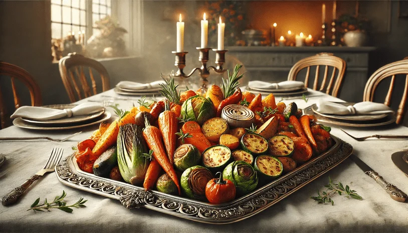 An elegant serving platter filled with assorted roasted vegetables