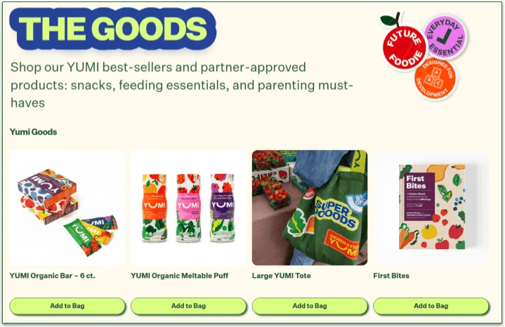 Screenshot of YUMI menu, including snacks and accessories