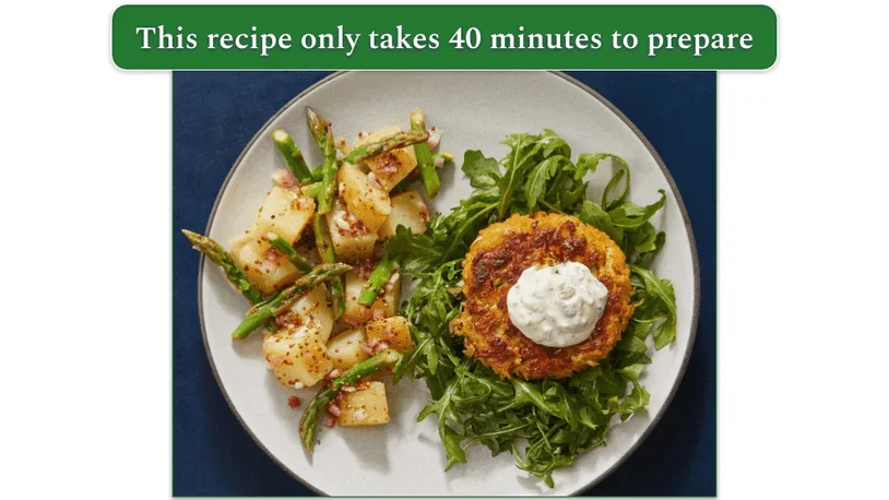 A plate of Crab Cakes & Tartar Sauce from Blue Apron.