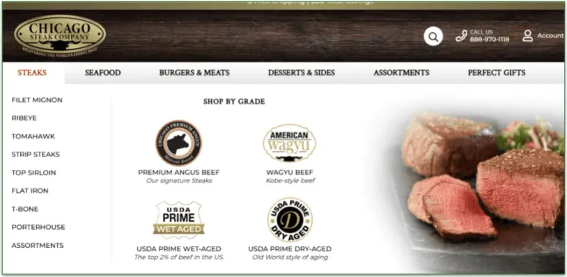 Screenshot of Steak types and grades on the menu