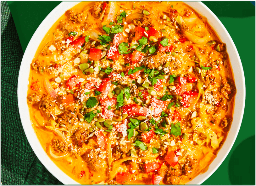 Green Chef's Creamy Ancho Turkey Soup with cabbage, roasted peppers, tomato, cotija, toasted pepitas