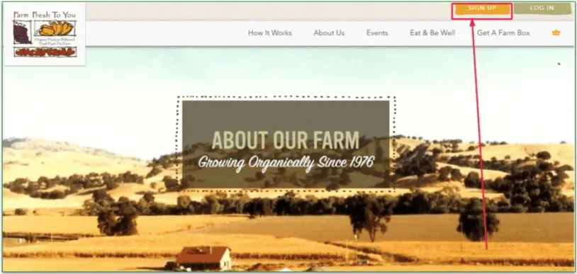 Farm Fresh to You's About Us page with Log In and Sign Up buttons
