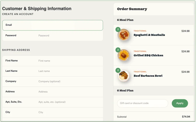 fresh meal plan, customer & shipping information