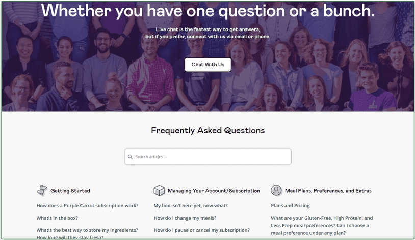 Purple Carrot's Customer Support page