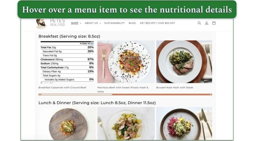 Screenshot of Pete's Real Food menu with breakfast and lunch & dinner options