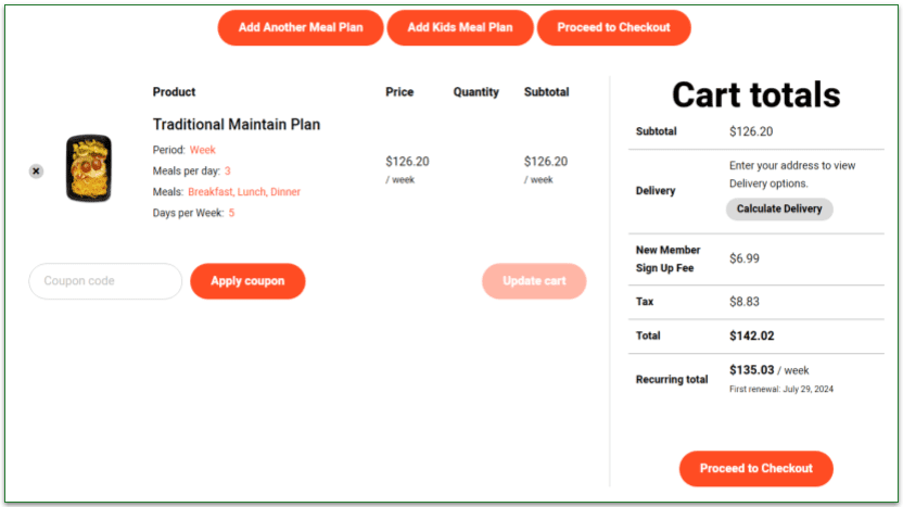Shopping cart with prices for meals, fees, and shipping included