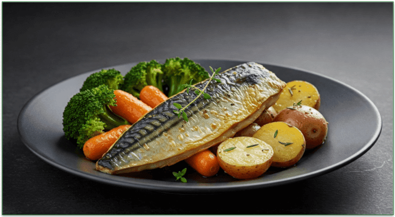 A plate of pan-seared mackerel, roasted potatoes, and veggies.