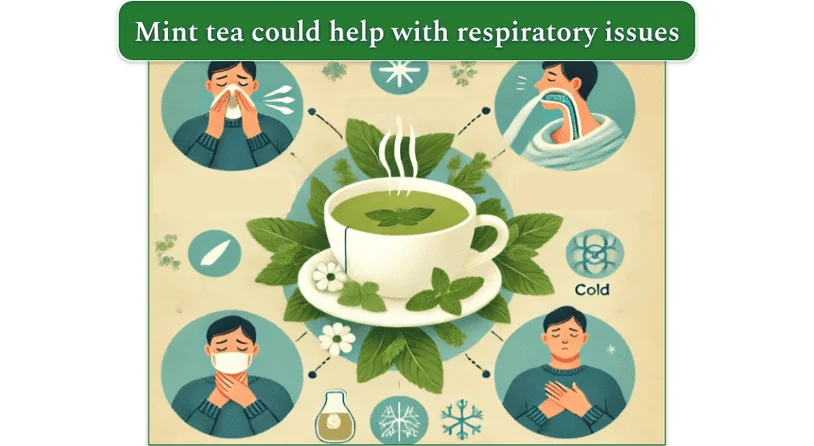 An illustration indicating respiratory benefits of peppermint tea.
