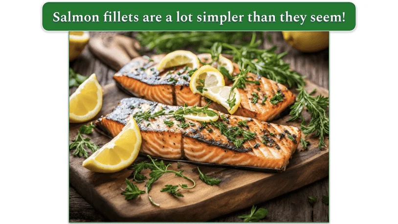 a wooden cutting board with grilled salmon fillets, lemon, and herbs