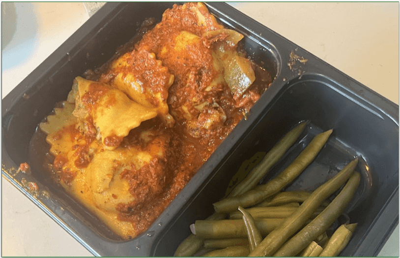 Diet-to-Go's Vegetable Ravioli dish served in a microwaveable tray