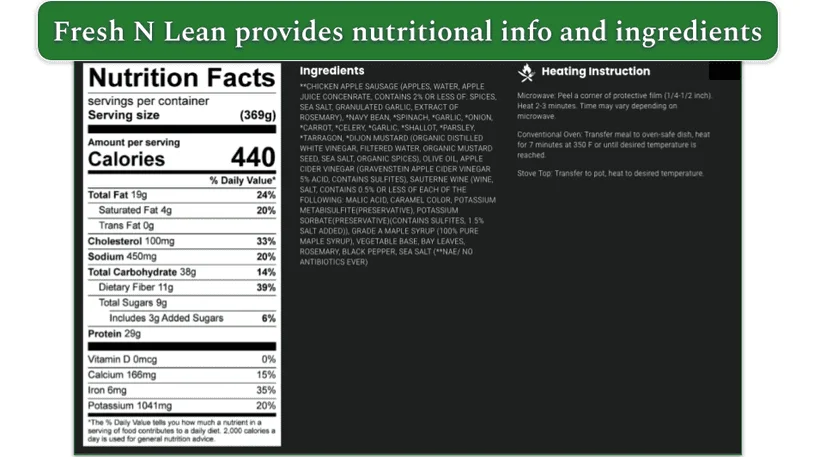 A screenshot of Fresh N Lean's nutritional info