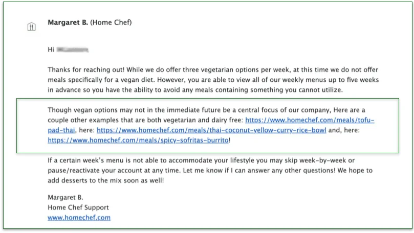 Screenshot of a Home Chef customer support email response