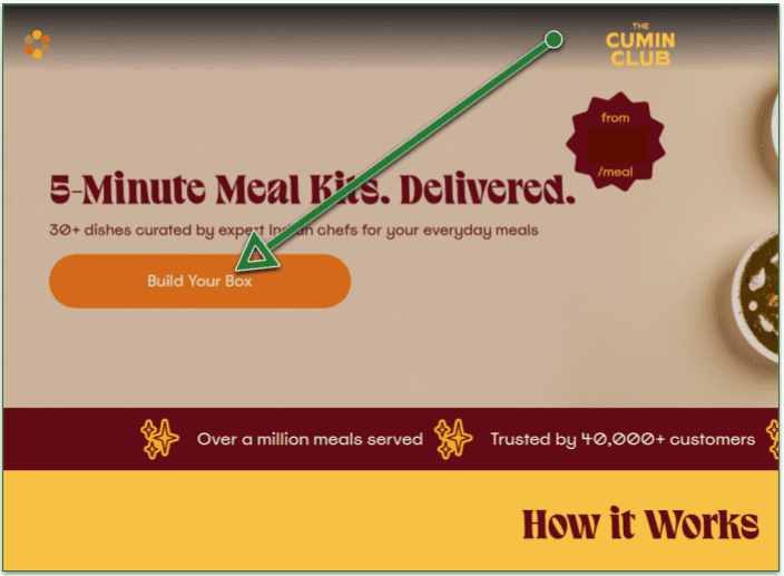 Screenshot with The Cumin Club's Build Your Box button, on the home page
