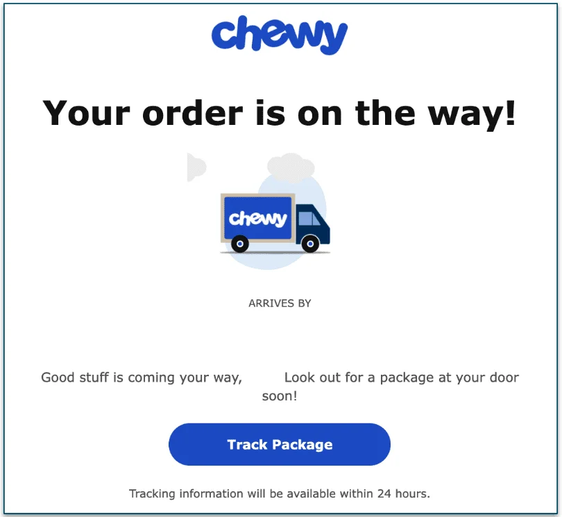 screenshot of Chewy's Your order is on the way screen