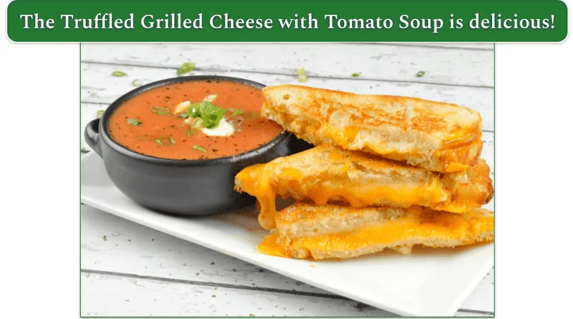 a dish of the Truffle Grilled Cheese with Tomato Soup from home chef