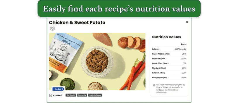 Screenshot of The Pets Table Chicken & Sweet Potato recipe with nutrition values box