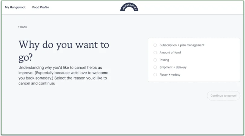 Cancelation question during Hungryroot's cancelation process