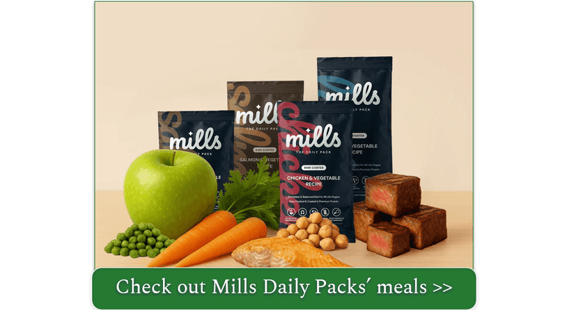 Selection of Mills Daily Packs in different sizes surrounded by fresh ingredients