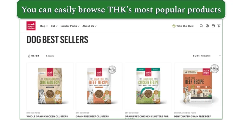 Screenshot of The Honest Kitchen’s bestselling dog food products