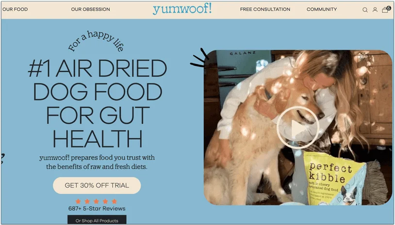 a screenshot of yumwoof's home page and menu