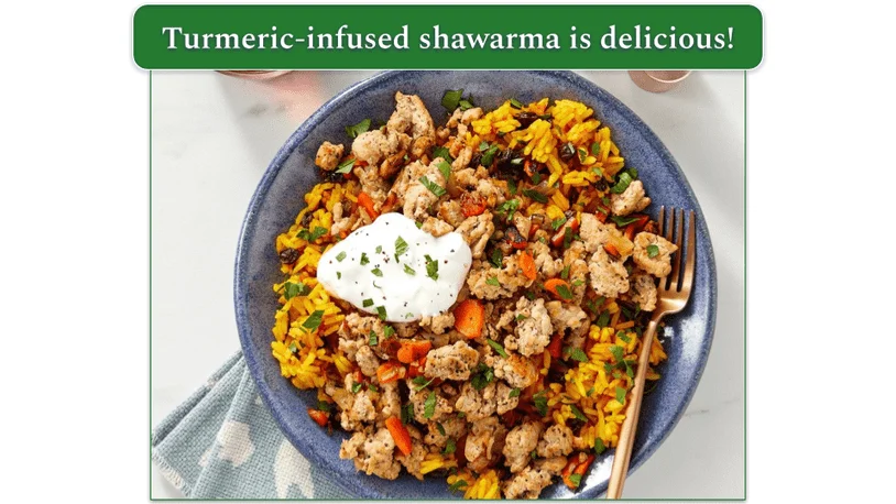a plate of Turkey & Shawarma-Spiced Rice with Carrots & Lemon Labneh from blue apron