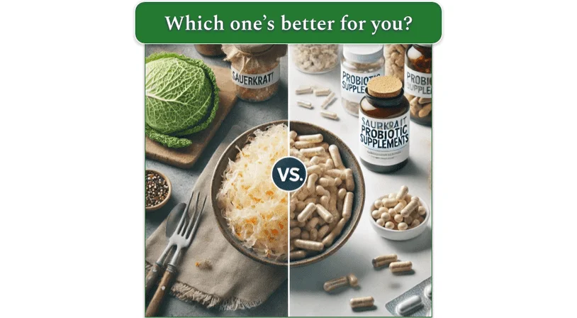 Side by side image of sauerkraut (left) vs sauerkraut probiotics (right)