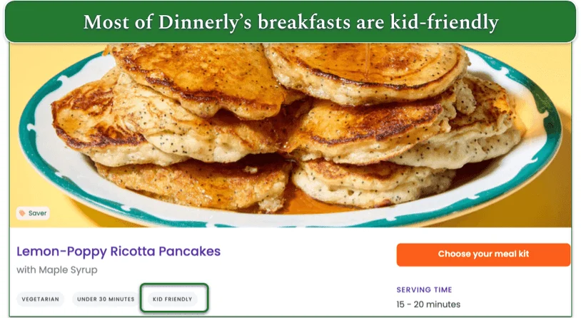 Dinnerly’s Lemon-Poppy Ricotta Pancakes with kid-friendly tag highlighted