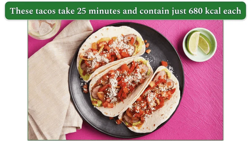 3 tacos with creamy guacamole from Green Chef.