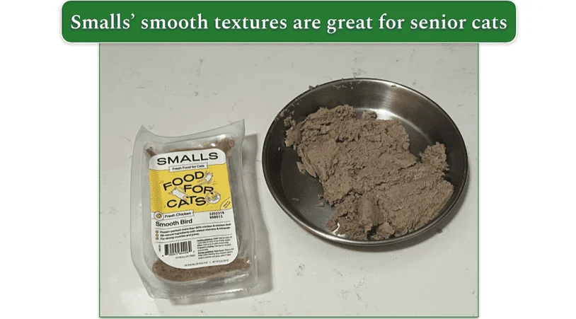 Open packet of Smalls Smooth Bird cat food and next to it the food served in a metal bowl