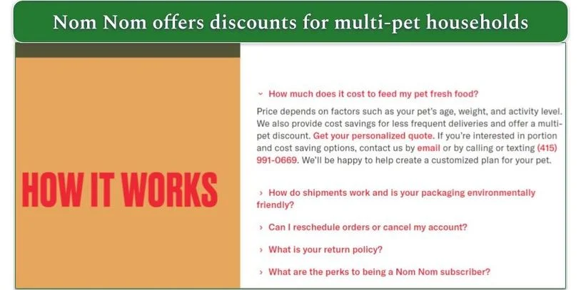 Nom Nom's FAQ page explaining discounts for multi-pet households