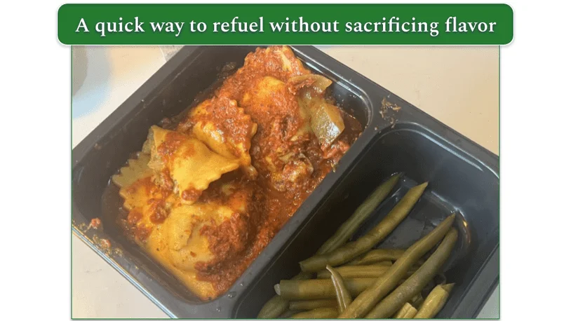 Diet-to-Go's Vegetable Ravioli dish served in a microwaveable tray