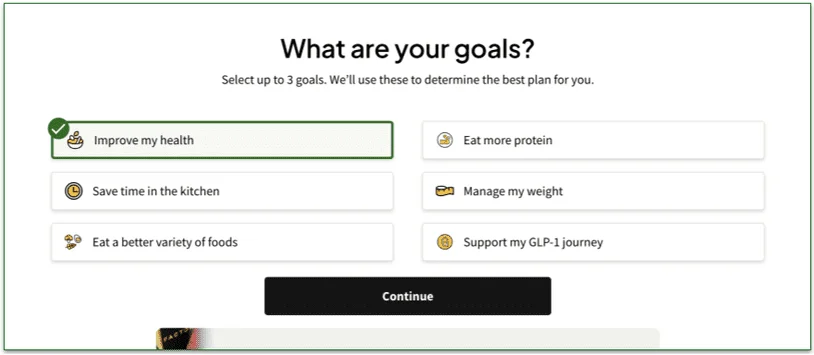 Screenshot of Factor sign up quiz - what are your goals
