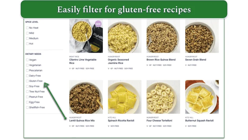 Hungryroot’s menu with gluten-free filter highlighted