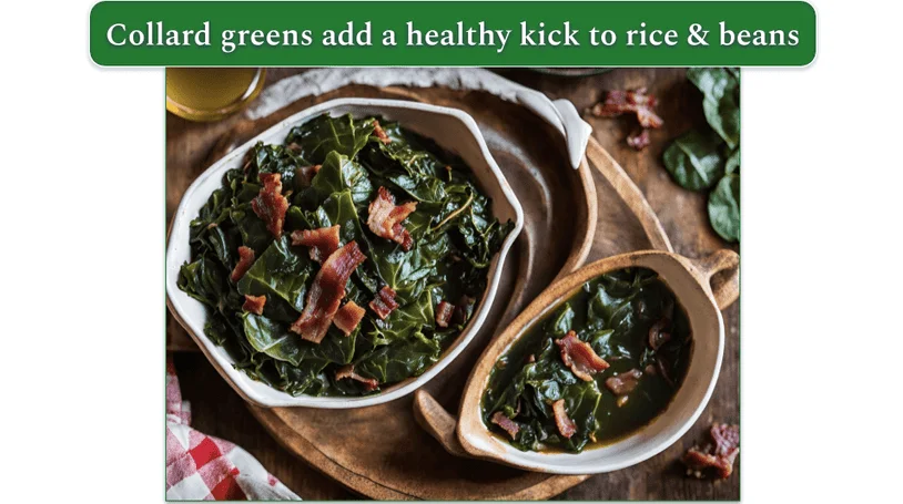two dishes of collard greens with bacon on a wooden serving plate