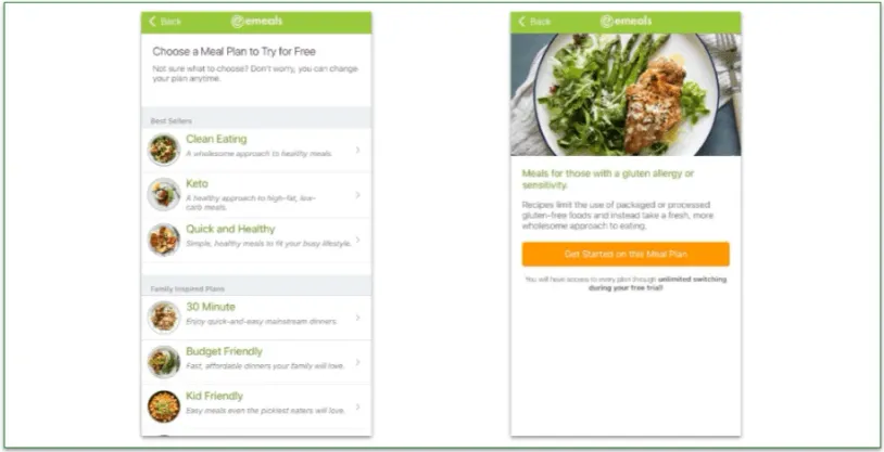 screenshot of eMeals diet plan options on the mobile app
