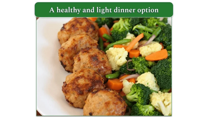 Turkey Meatballs and Steamed Greens on a plate