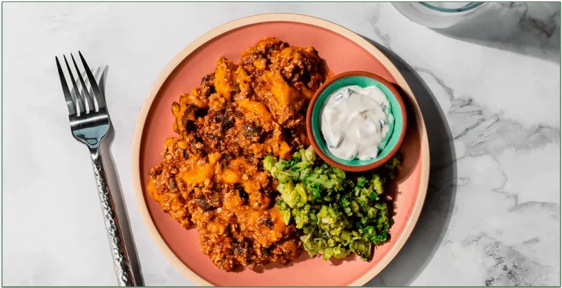 Factor's Spicy Turkey Poblano Bowl with Roasted Broccoli Rice & Scallion Sour Cream