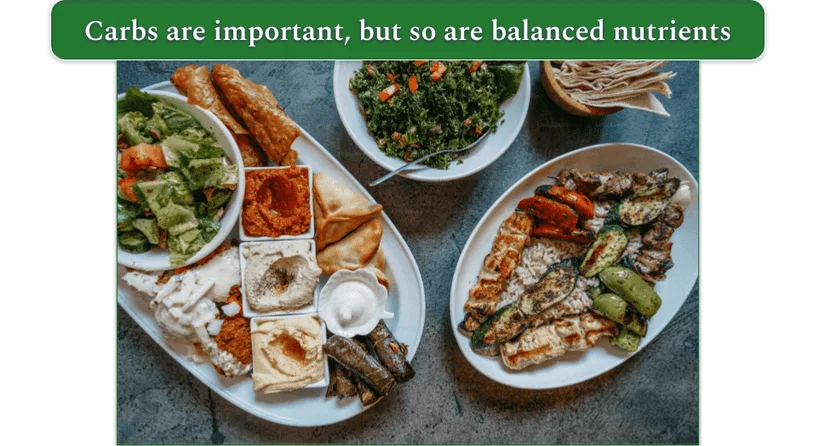 various plates with different foods like grilled meat, rice, veggies, and dips